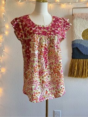 Savanna Jane Top Women’s Size Small Pink Embroidered Boho Floral Artsy Blouse